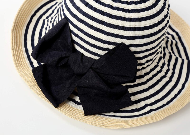 Connectyle Kids Summer Straw Hat Foldable Wide Brim Beach Travel Bowknot Hat for Girls L Navy Blue - Image 4